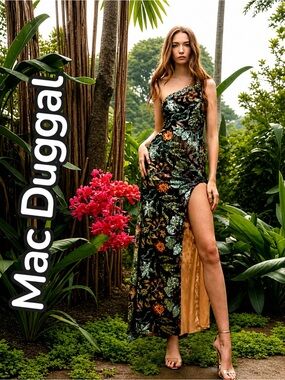 Mac Duggal Green, Black and Orange Tropical and Floral Sequin, Backless Dress